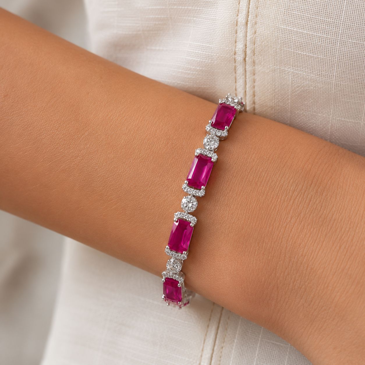 Emerald Cut Rose & Round Cut White Sapphire Bracelet