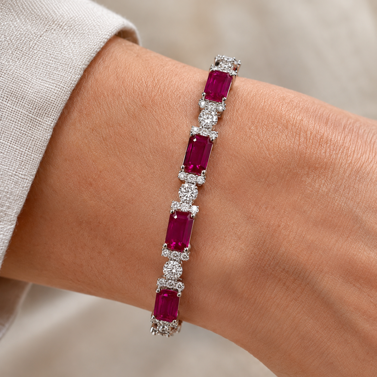 Emerald Cut Rose & Round Cut White Sapphire Bracelet