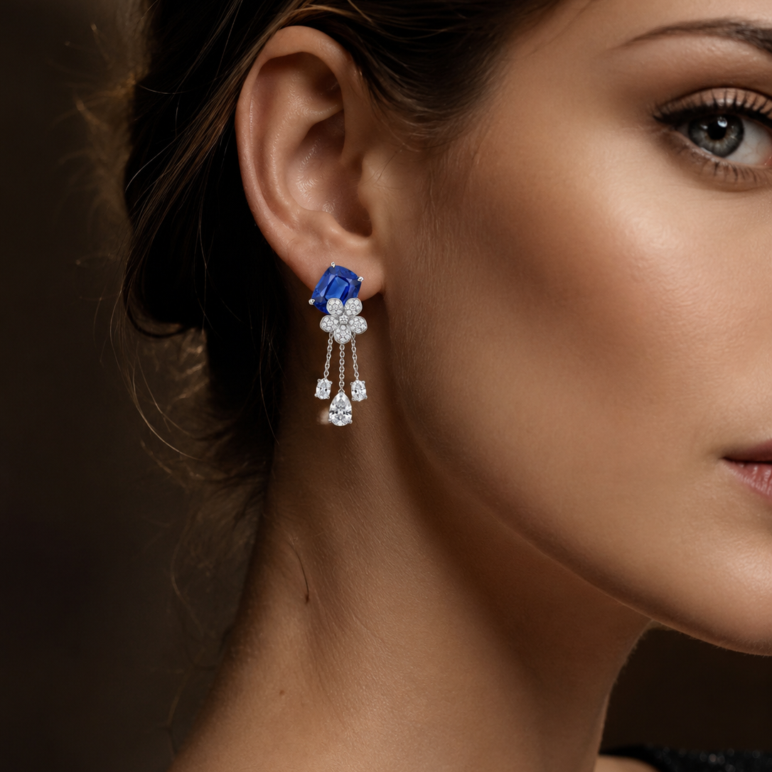 Original Design - 4.5ctw Cushion Cut  Blue Sapphire Dangle Earrings
