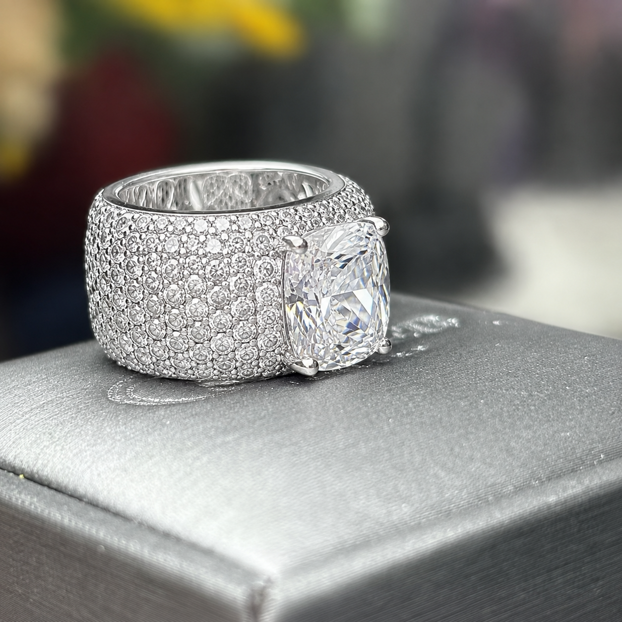 7ct Cushion Cut White Moissanite Pave Setting Engagement Ring (2 Color Options)