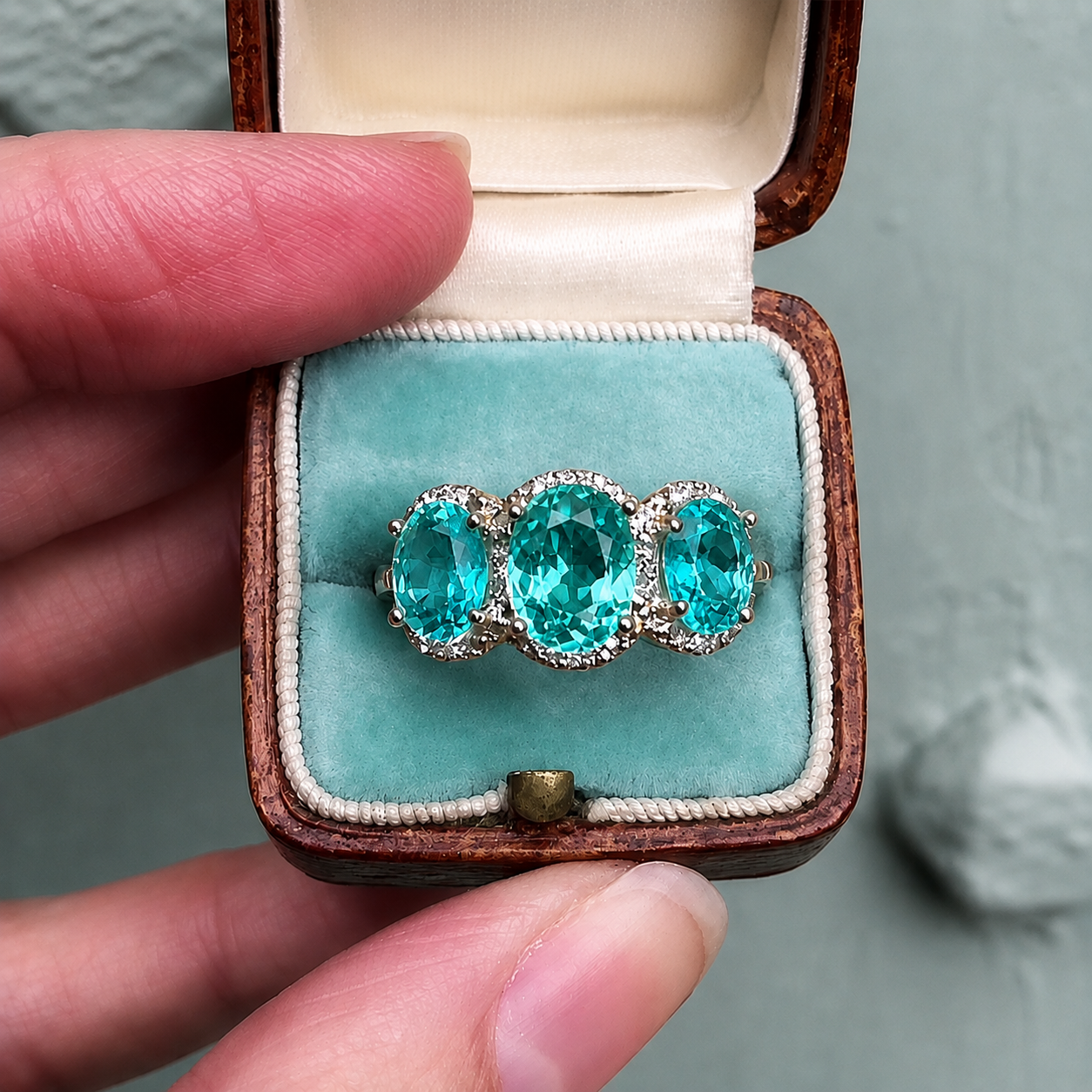 7.95ct Three-stone Halo Oval Cut Paraiba / Pink / Purple Sapphire Eternity Ring (3 Color Options)