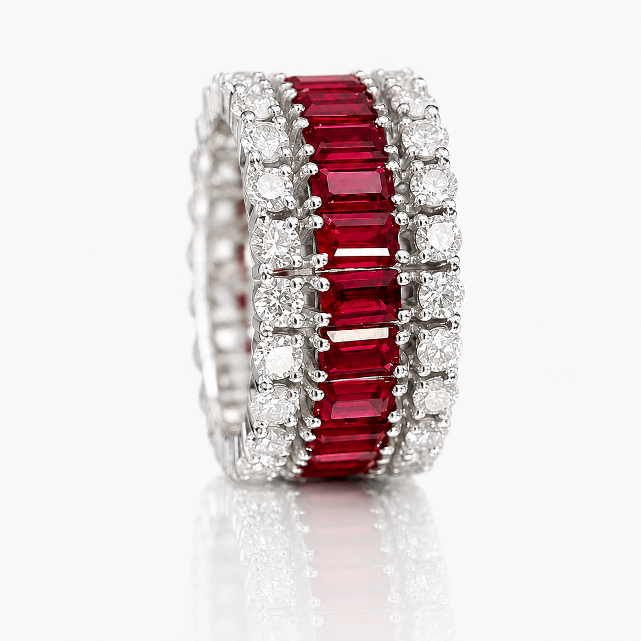 7.35ct Emerald Cut Ruby / Emerald Sapphire Wedding Band (2 Color Options)