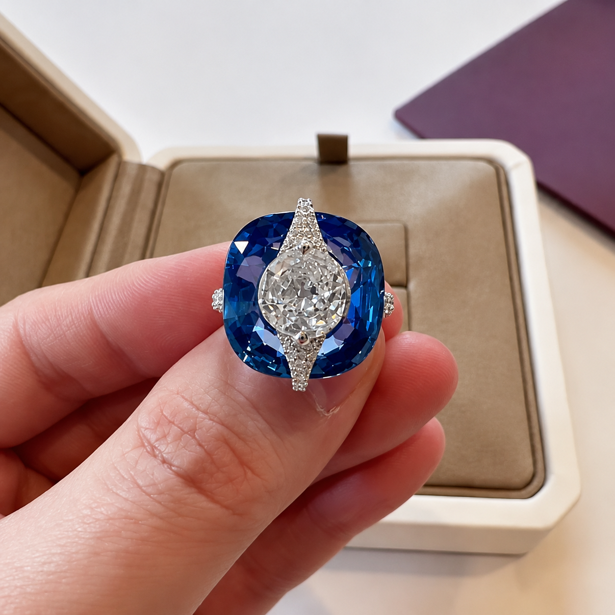 3D Layered 4.75ct Cushion Cut Blue & Round Cut White Sapphire Cocktail Ring