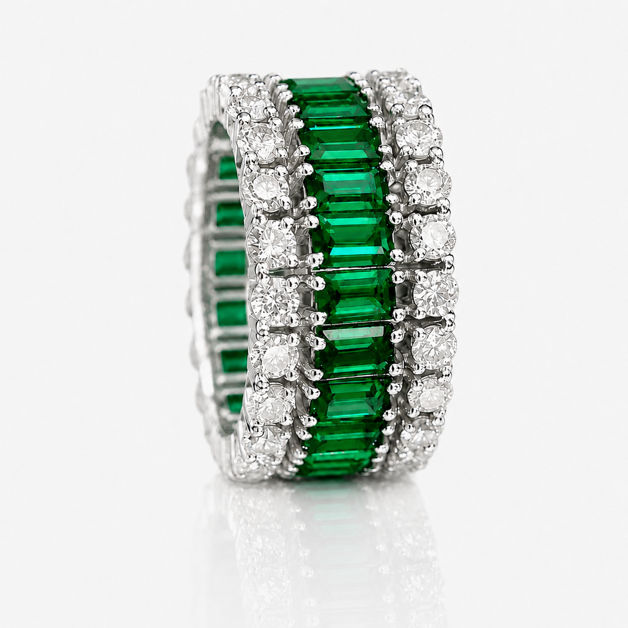 7.35ct Emerald Cut Ruby / Emerald Sapphire Wedding Band (2 Color Options)