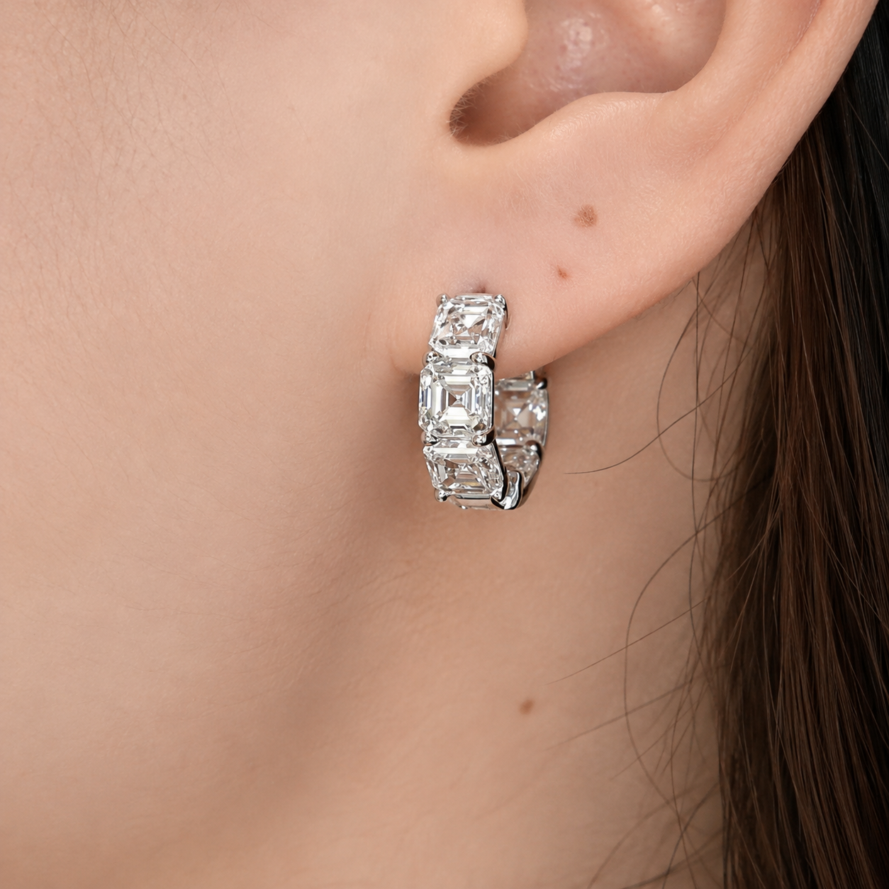 Classic Asscher Cut White Sapphire Hoop Earrings