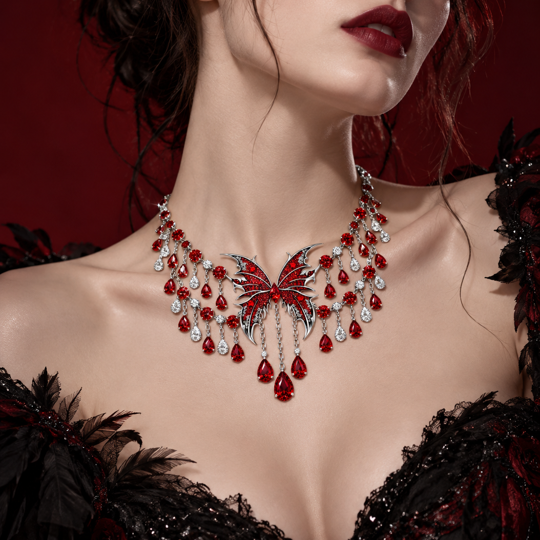 Original Design -  Gothic Pear Cut Ruby Sapphire Butterfly Necklace
