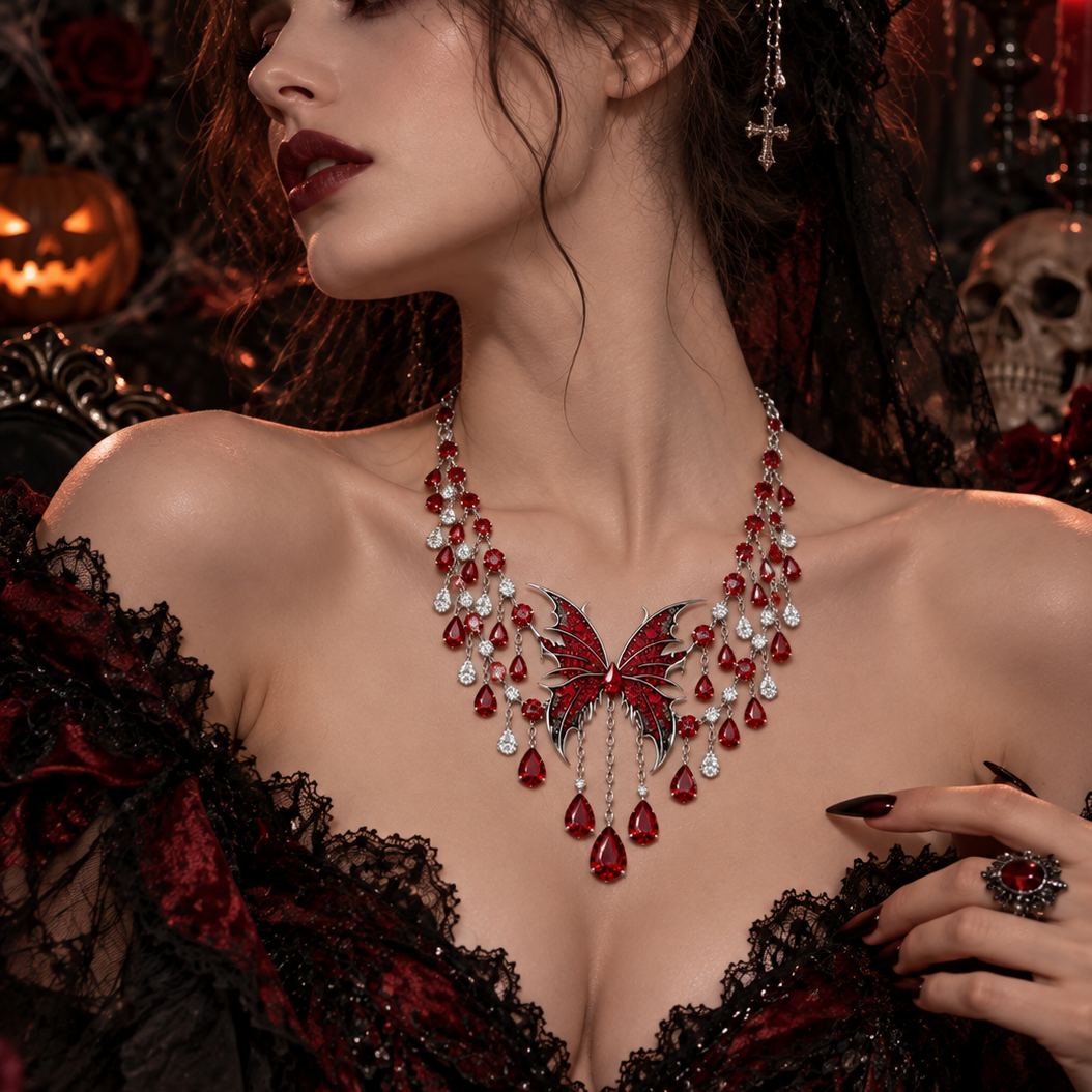 Original Design -  Gothic Pear Cut Ruby Sapphire Butterfly Necklace
