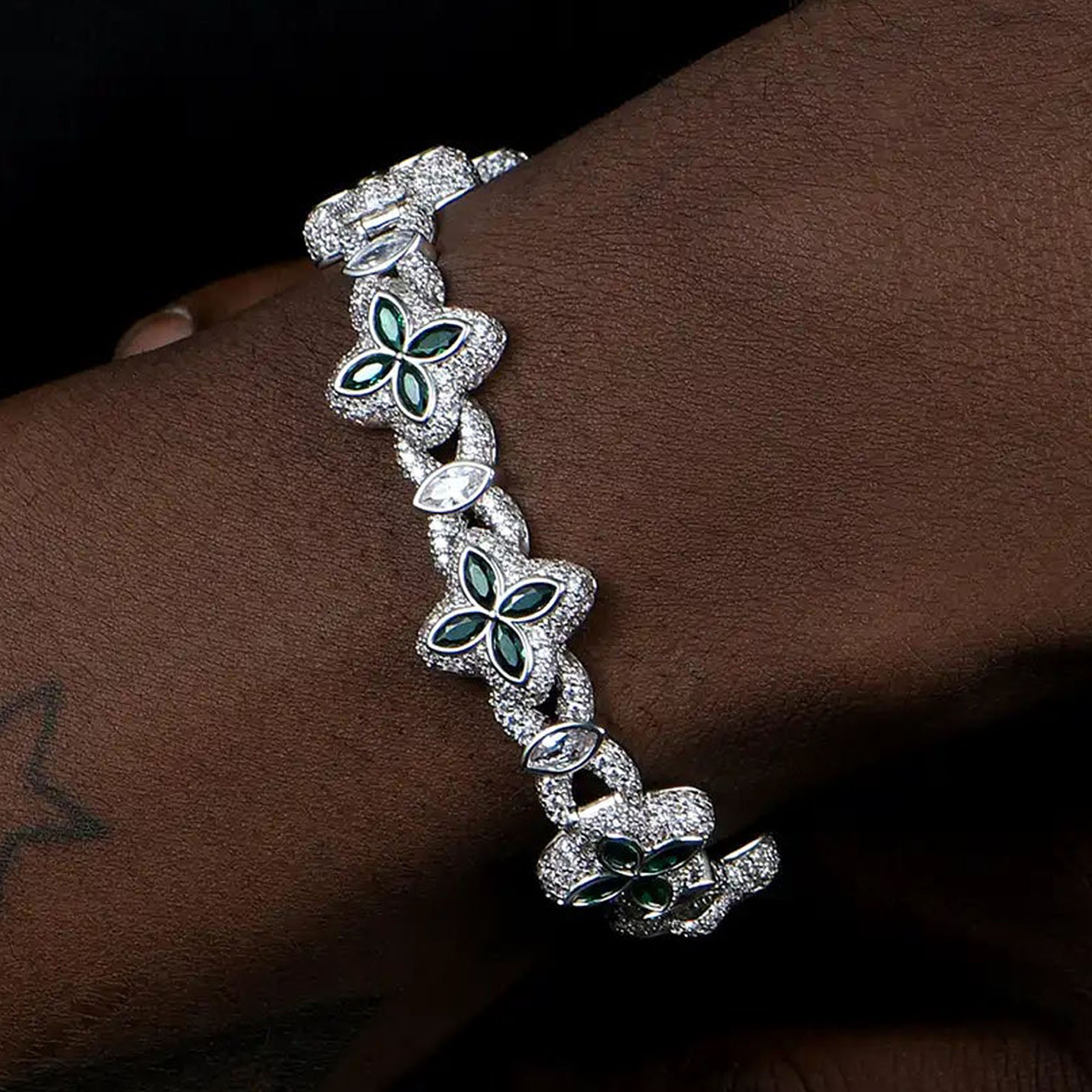Men's Pave Setting Marquise Cut Emerald Sapphire Clover Bracelet