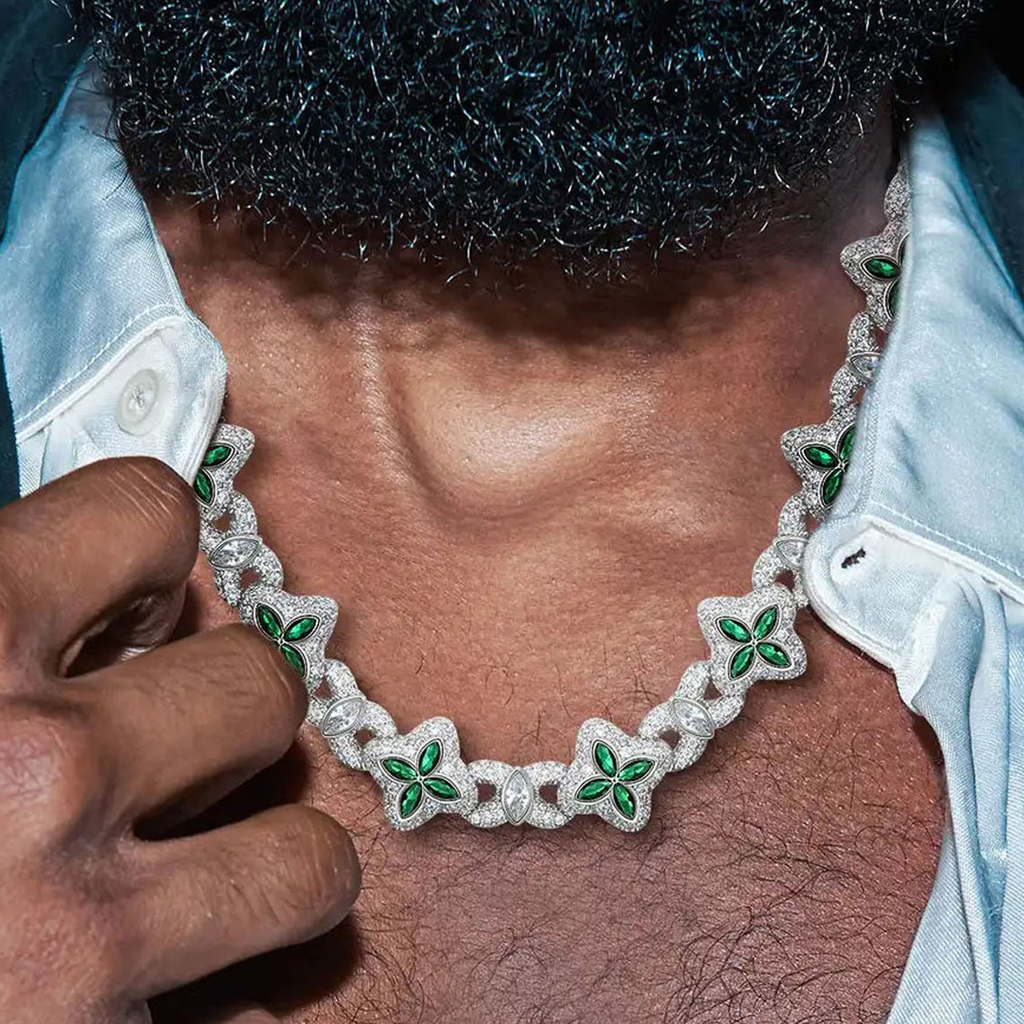 Marquise Cut Emerald&Diamond Men's Clover Necklace