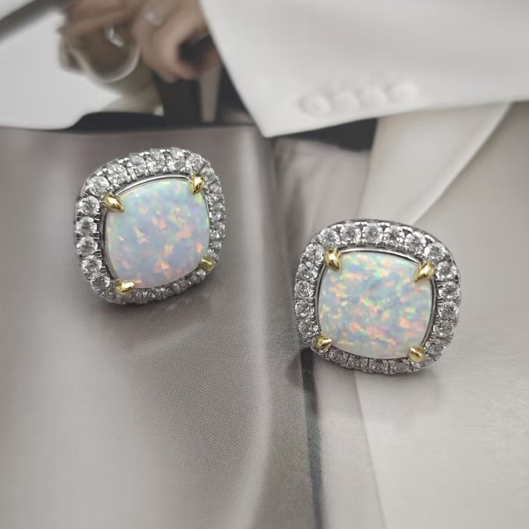 Cushion Cut Opal Sapphire Stud Earrings