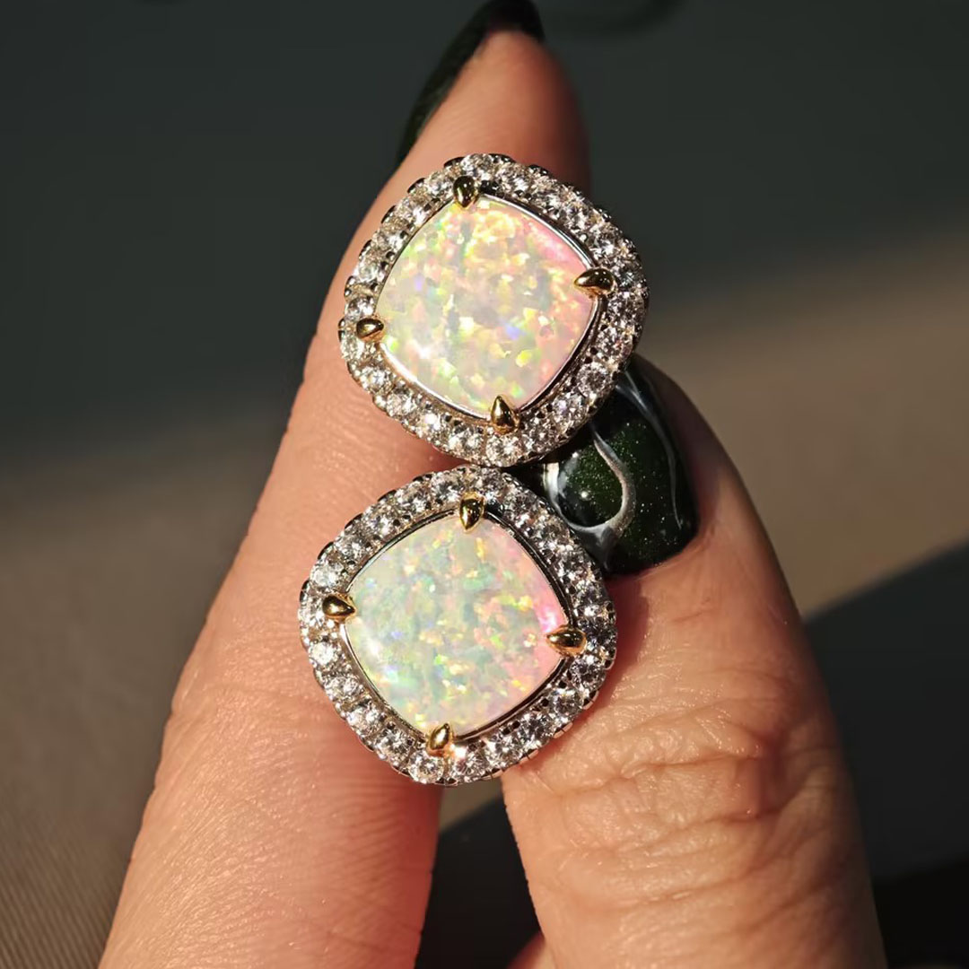 Cushion Cut Opal Sapphire Stud Earrings