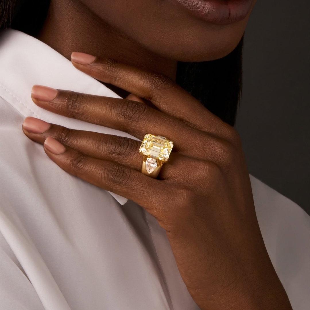 6ct Three Stone Emerald Cut Yellow Sapphire Ring for Men