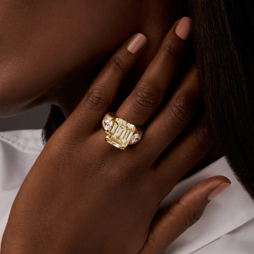 6ct Three Stone Emerald Cut Yellow Sapphire Ring for Men