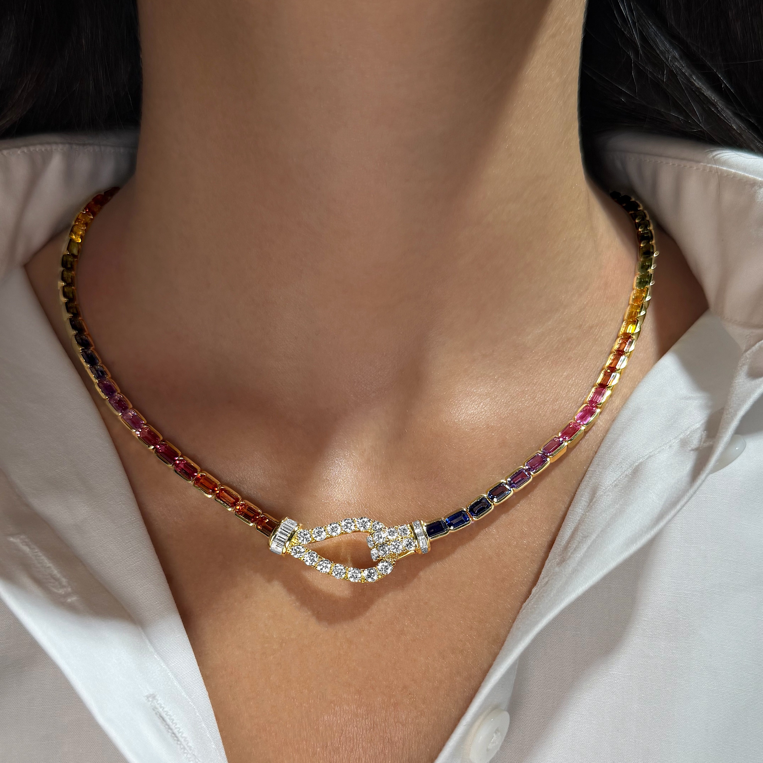 Emerald Cut Multi Color Sapphire Lasso Lock Rainbow Necklace