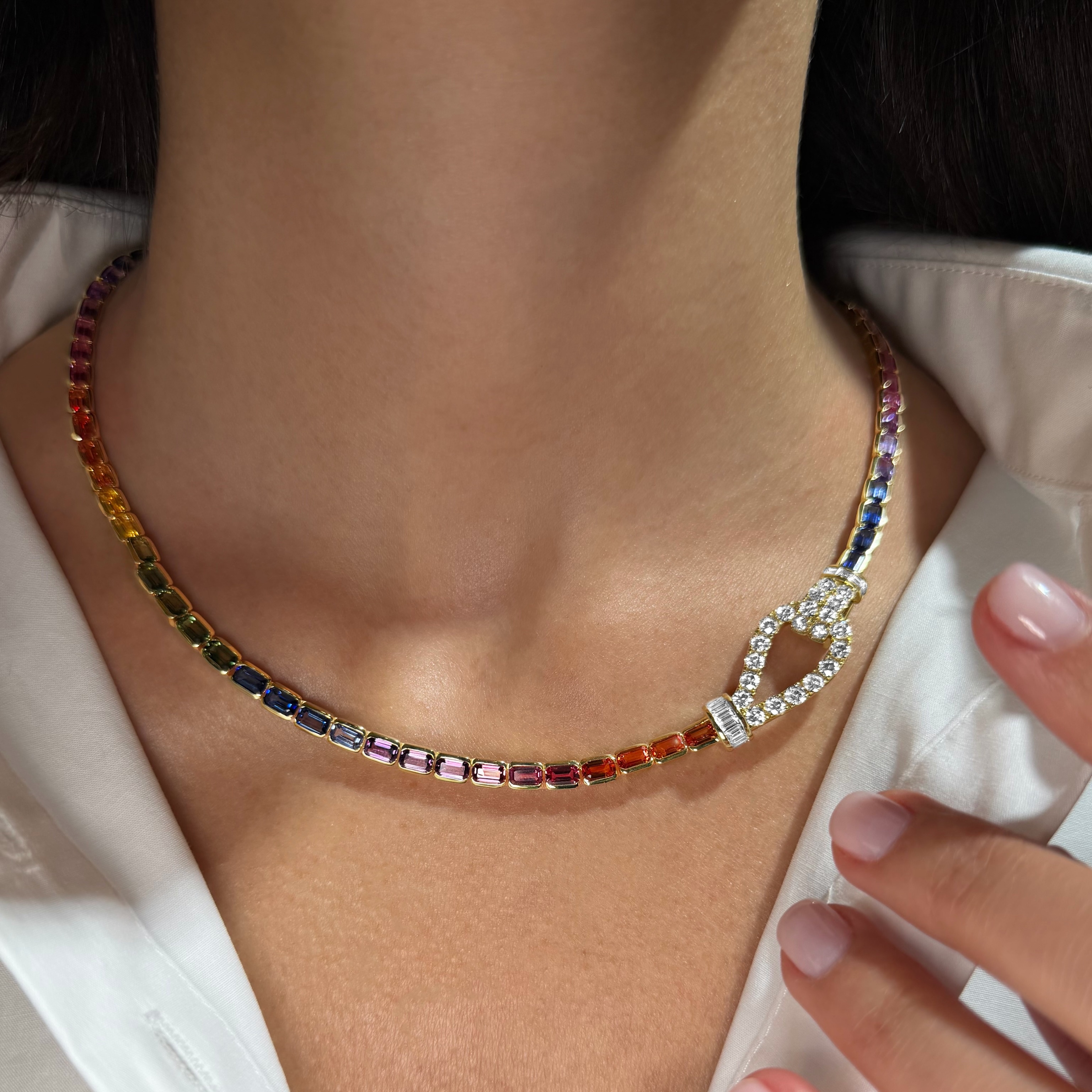 Emerald Cut Multi Color Sapphire Lasso Lock Rainbow Necklace