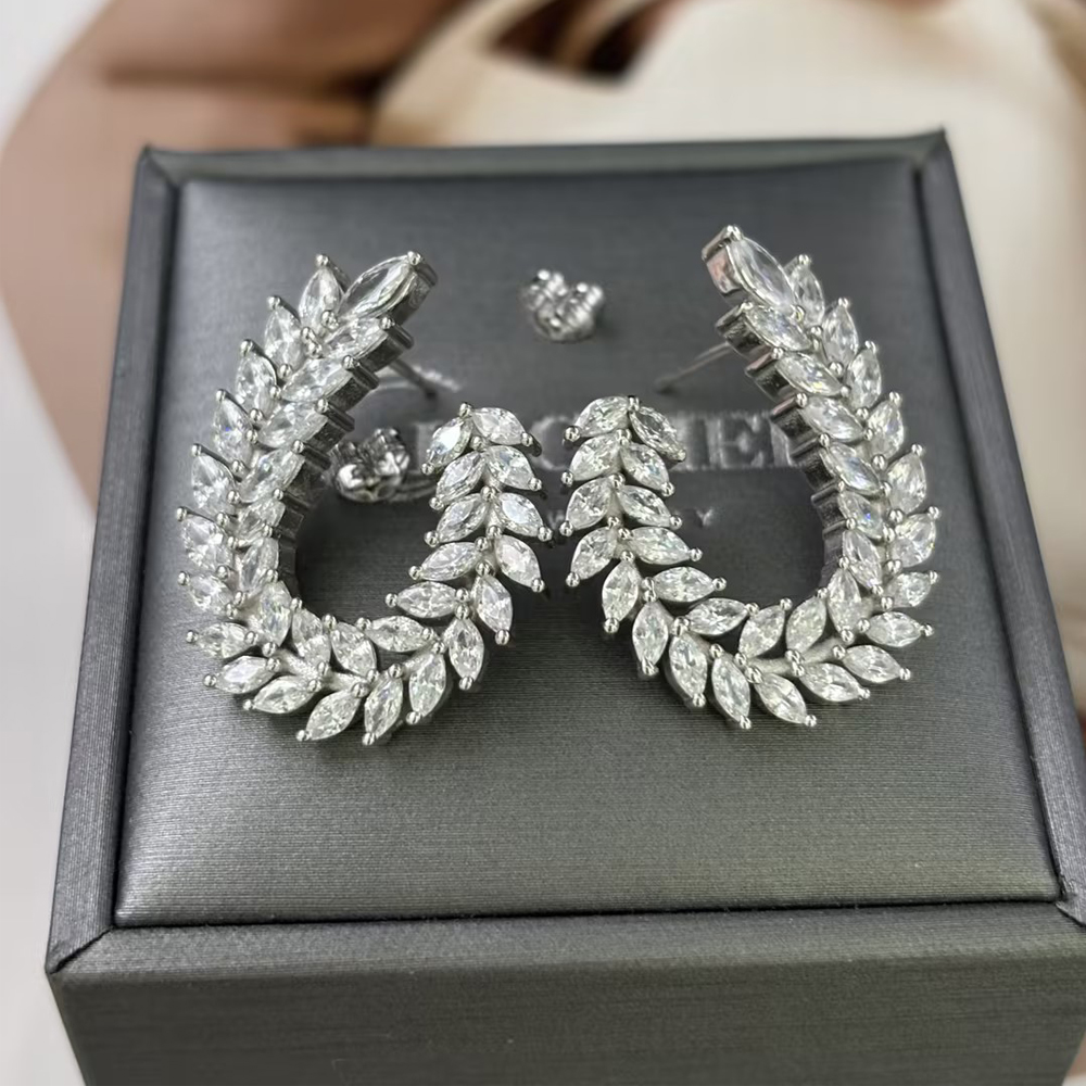 Leaf Design Marquise Cut White Sapphire Hoop Earrings