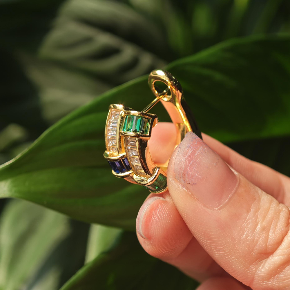 Emerald Cut Multi-color Gemstone Hoop Earrings