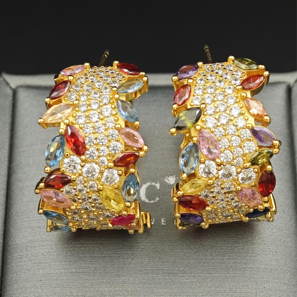 Marquise&Round Cut Rainbow Sapphire Diamond Hoop Earrings