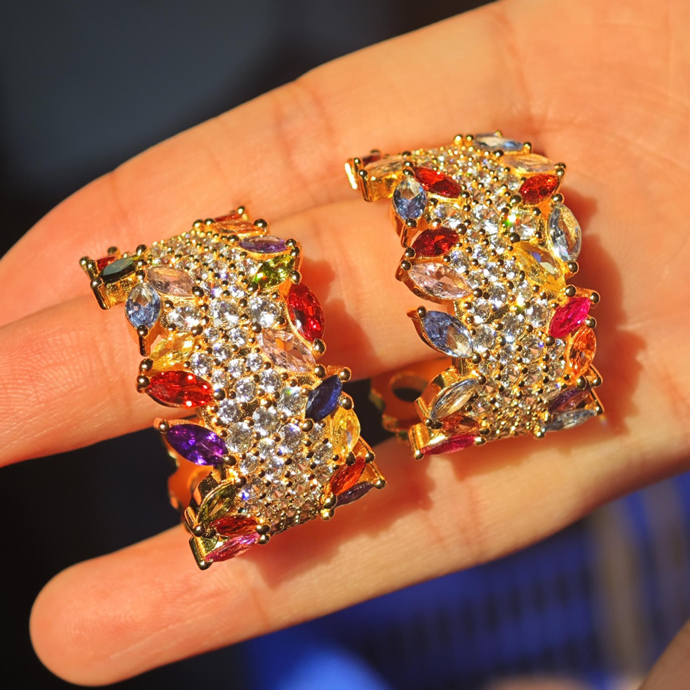 Marquise&Round Cut Rainbow Sapphire Diamond Hoop Earrings