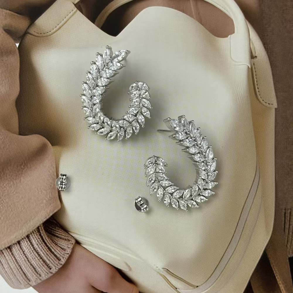 Leaf Design Marquise Cut White Sapphire Hoop Earrings