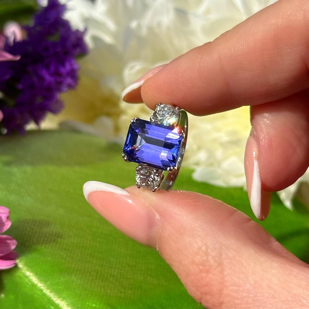 4ct Three-stone  Emerald Cut Blue Sapphire Ring