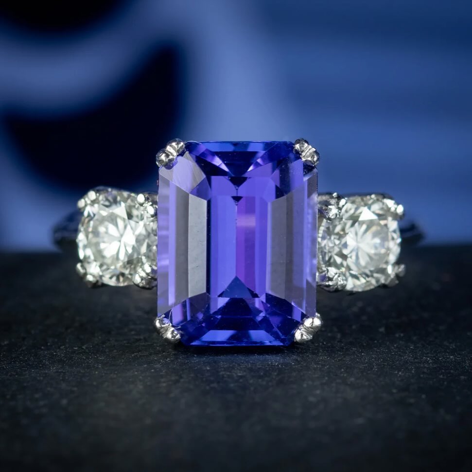 4ct Three-stone  Emerald Cut Blue Sapphire Ring