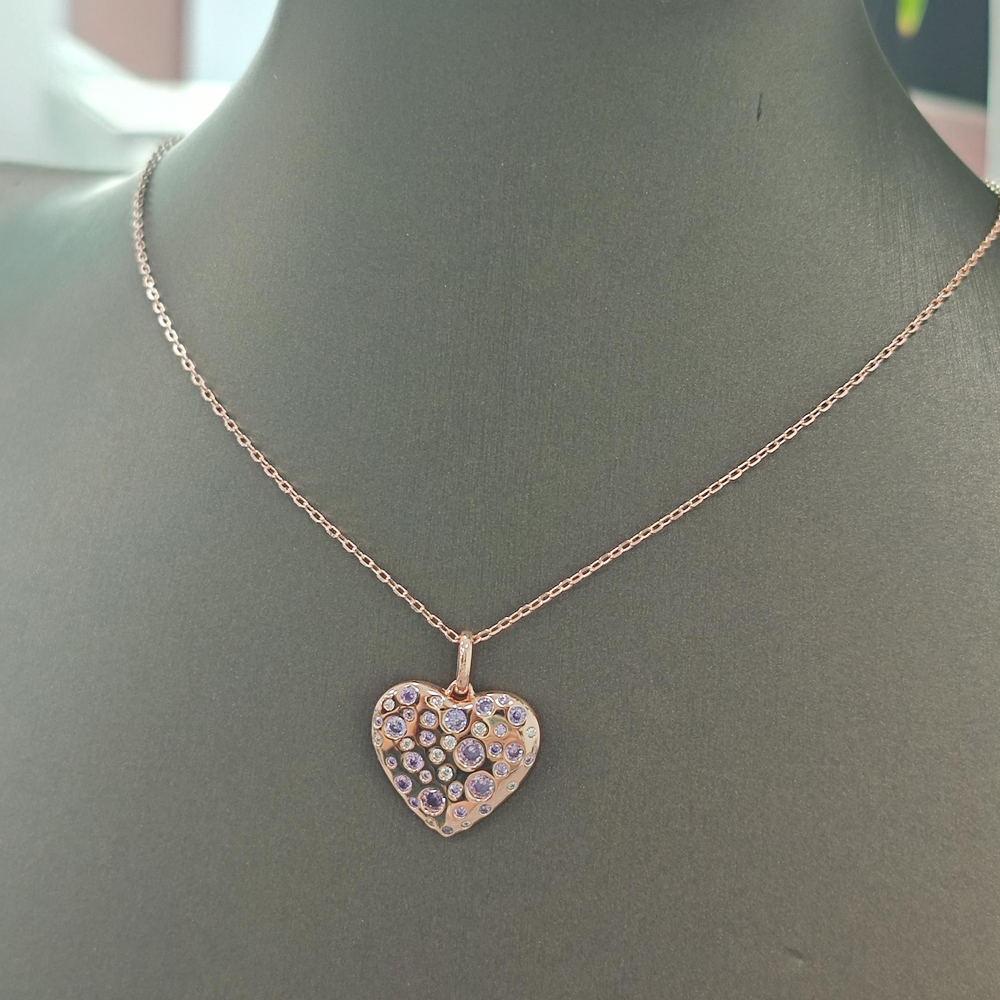 Pink&Amethyst&Diamond Heart Pendant Necklace