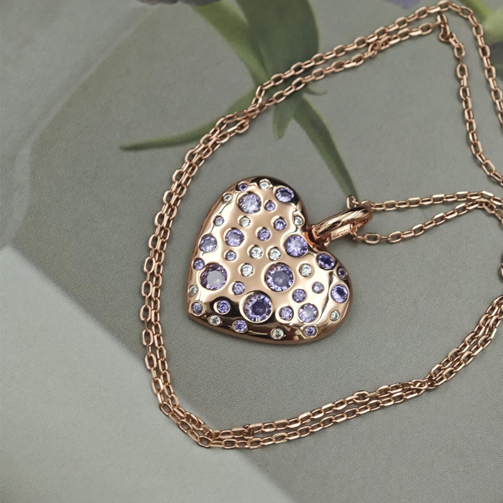 Pink&Amethyst&Diamond Heart Pendant Necklace