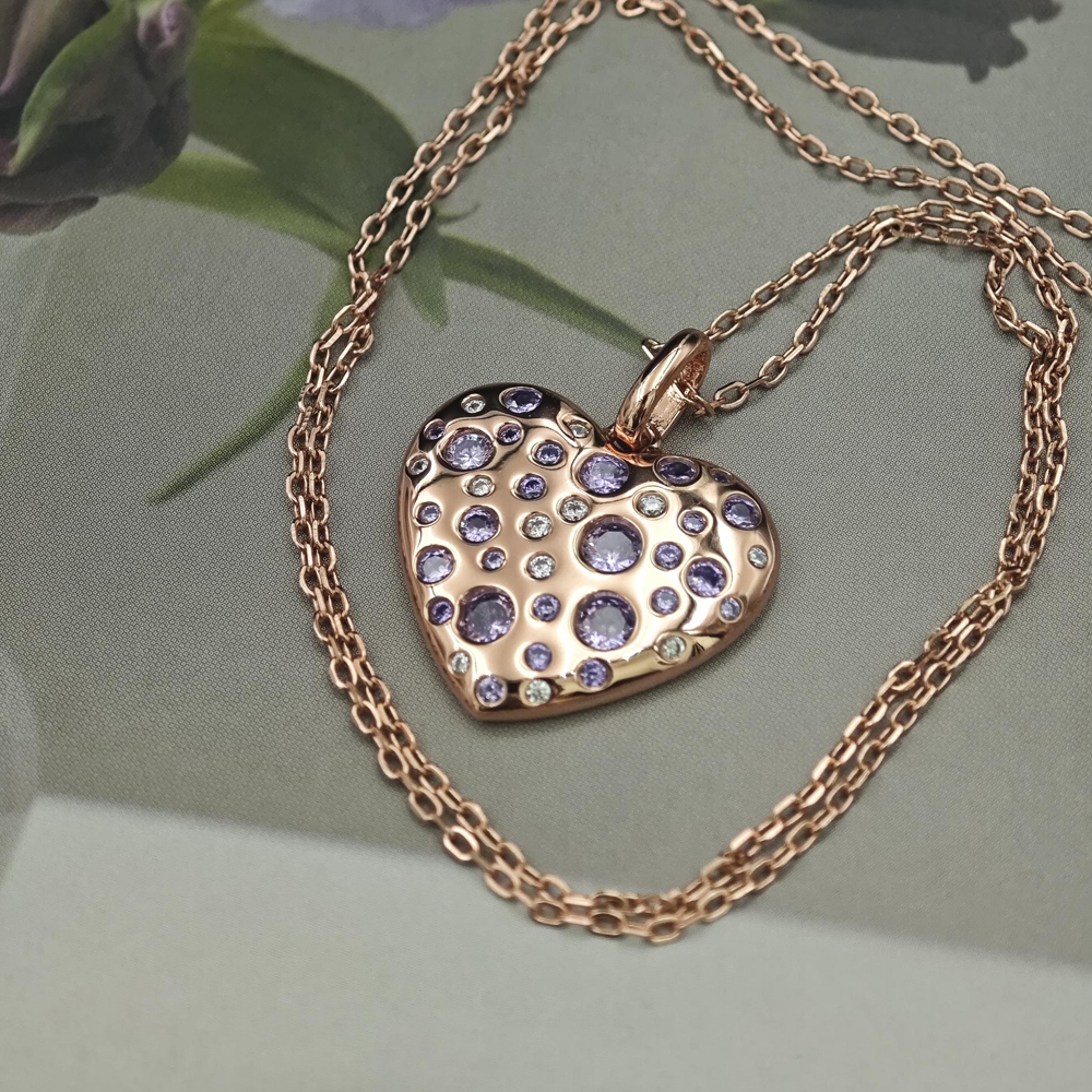 Pink&Amethyst&Diamond Heart Pendant Necklace