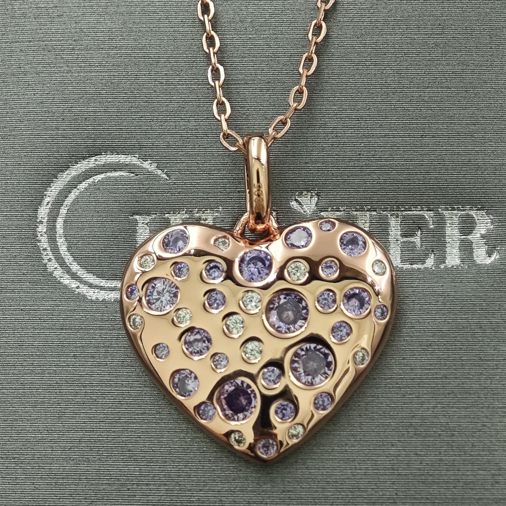 Pink&Amethyst&Diamond Heart Pendant Necklace