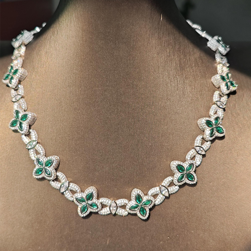 Marquise Cut Emerald&Diamond Men's Clover Necklace