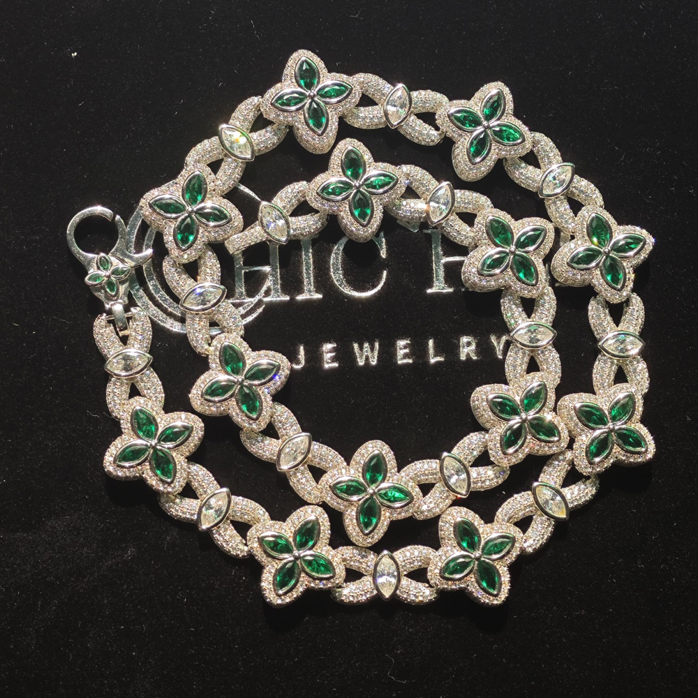 Marquise Cut Emerald&Diamond Men's Clover Necklace