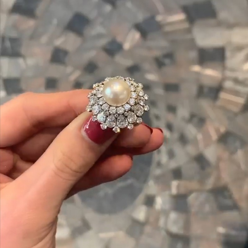 12mm Pearl Pear&Round Cut White Sapphire Cocktail Ring