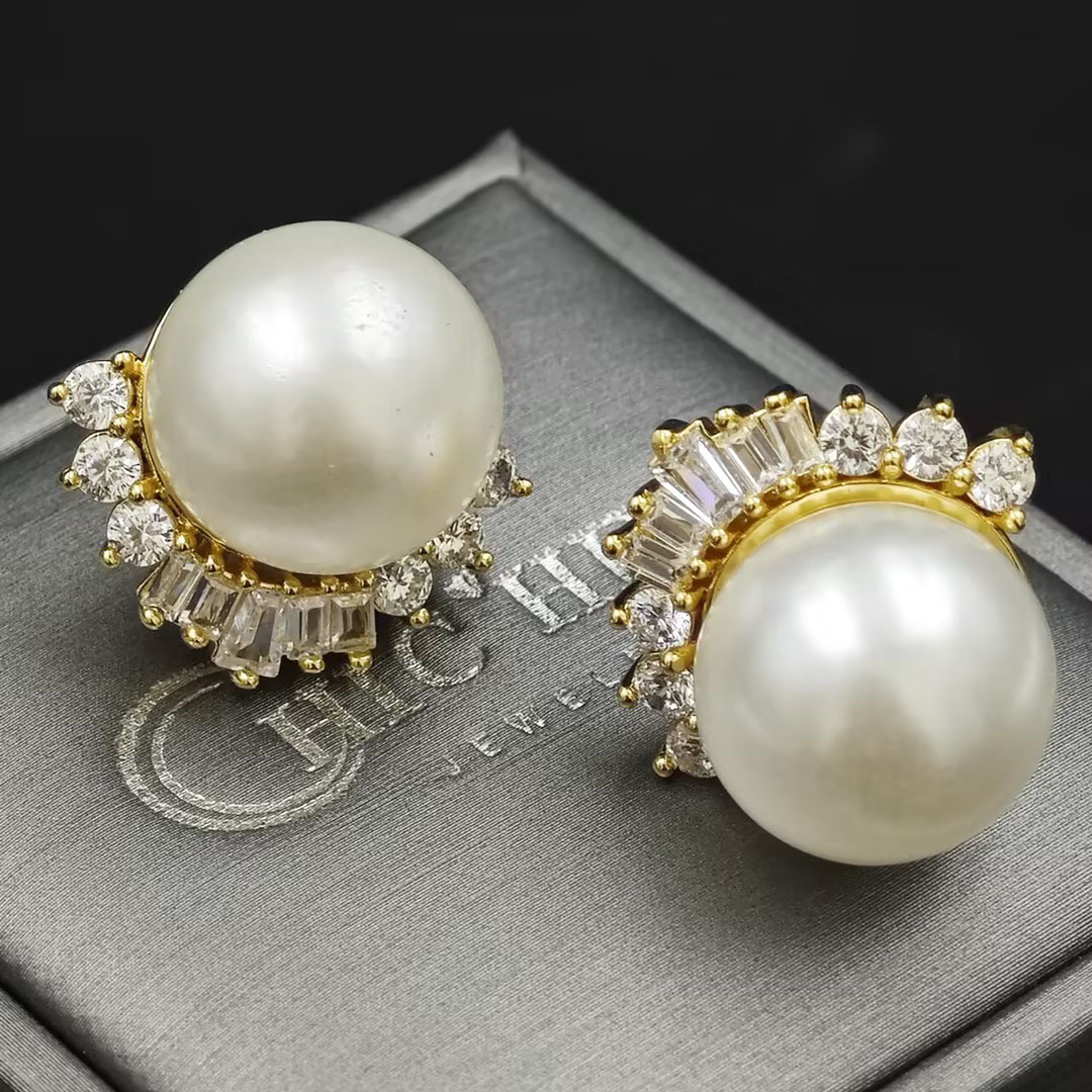 12MM Pearl&Diamond Sapphire Stud Earrings