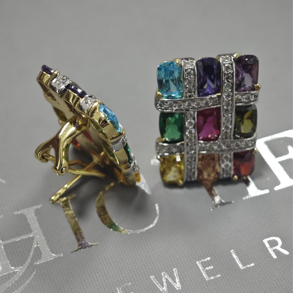 Basket Weave Design Rainbow Sapphire Stud Earrings