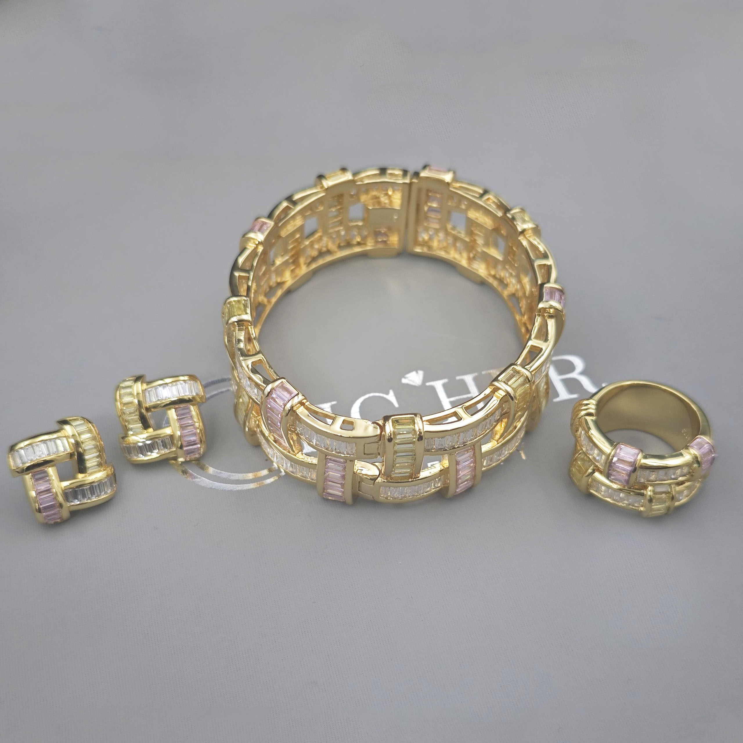 3pcs Fashion Emerald Cut Multi-color Ring&Earrings&Bracelet Set