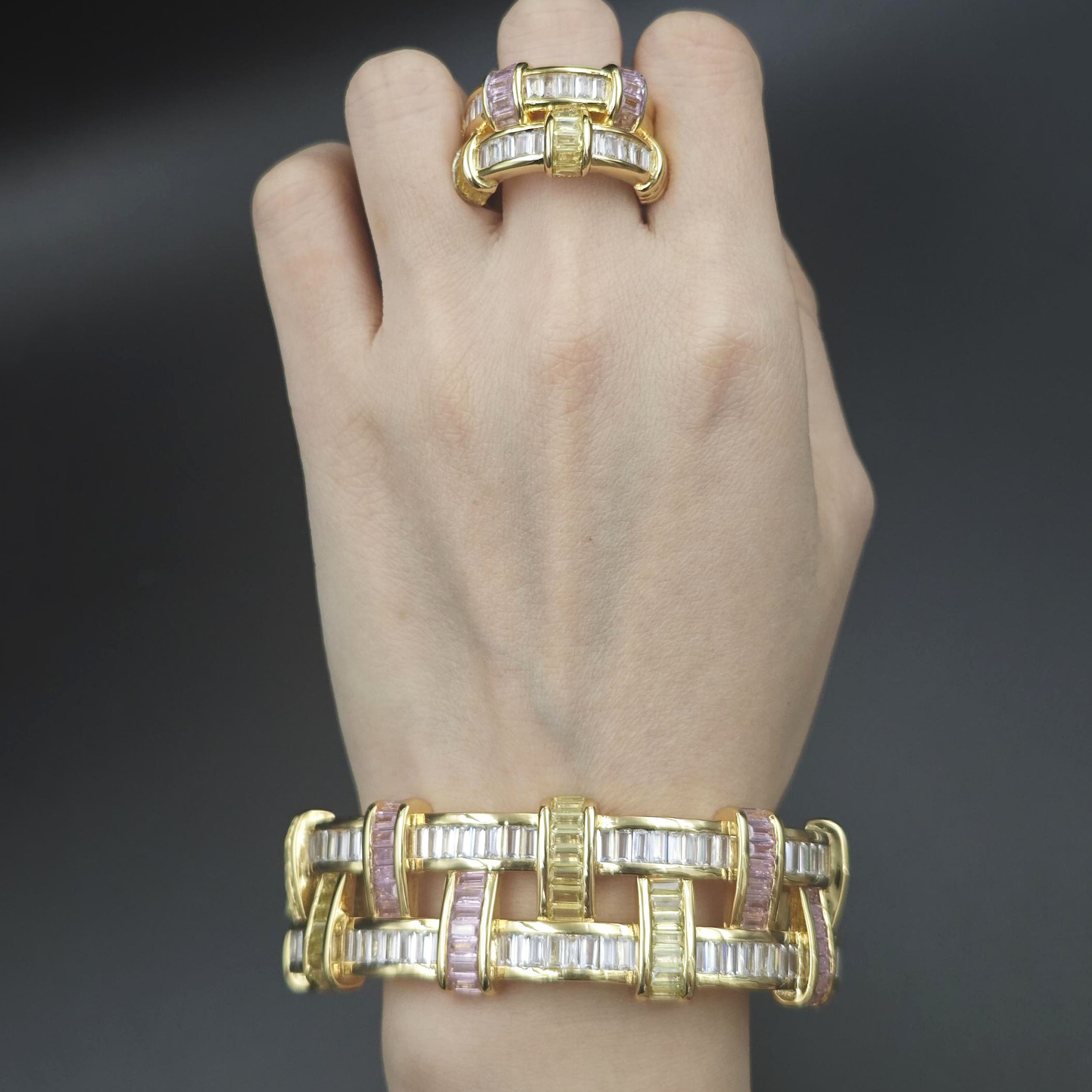 3pcs Fashion Emerald Cut Multi-color Ring&Earrings&Bracelet Set