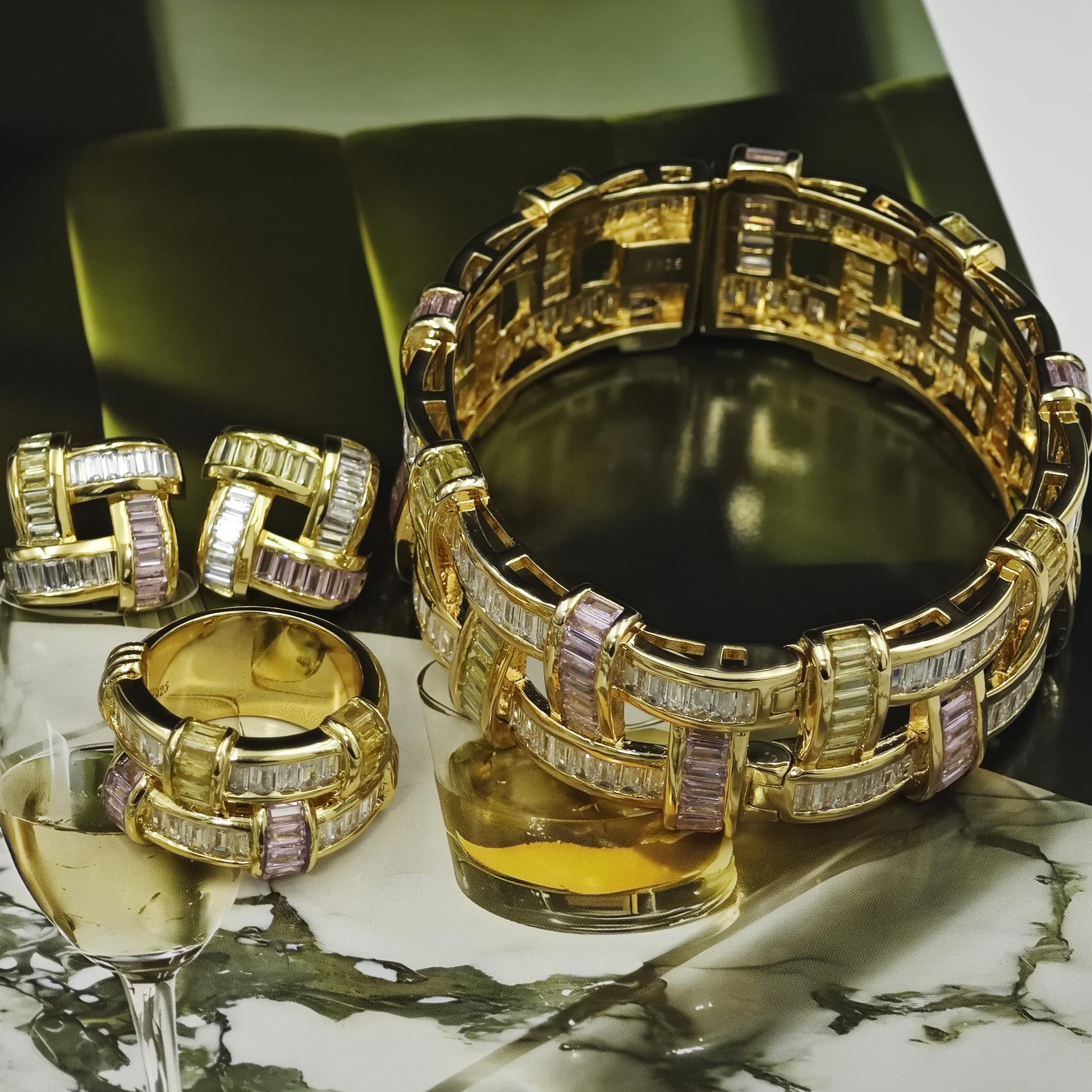 3pcs Fashion Emerald Cut Multi-color Ring&Earrings&Bracelet Set