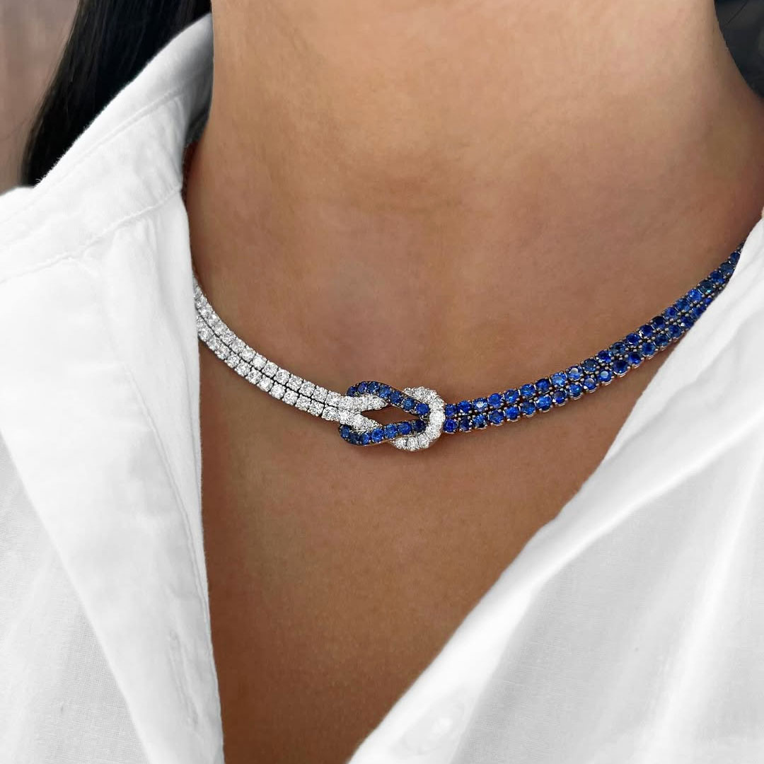 Two Tone Round Cut Sapphire&Diamond Knot Necklace