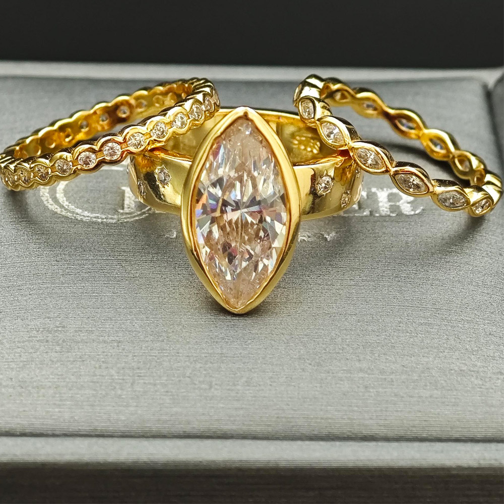 Bezel Setting 4ct Marquise Cut White Sapphire Wedding Set/3pcs