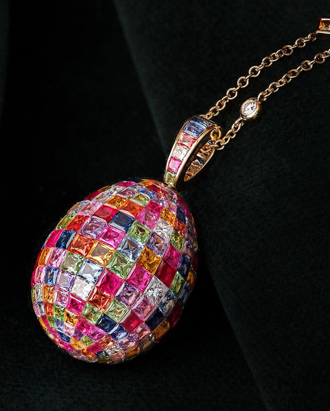 Invisible Setting Princess Cut Rainbow Egg Pendant Necklace