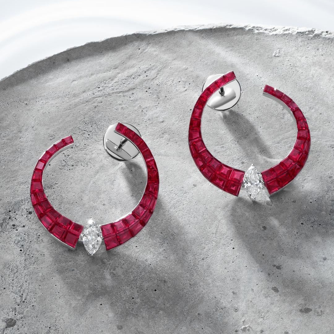 Marquise&Baguette Cut Ruby&White Sapphire Hoop Earrings