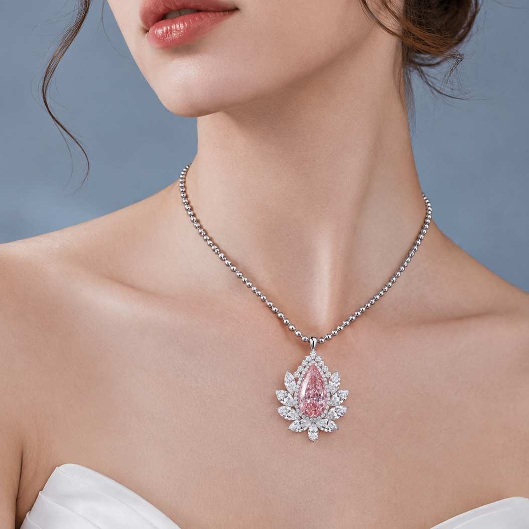 Original Design - Pear Cut Pink Supphire & White Moissanite Necklace