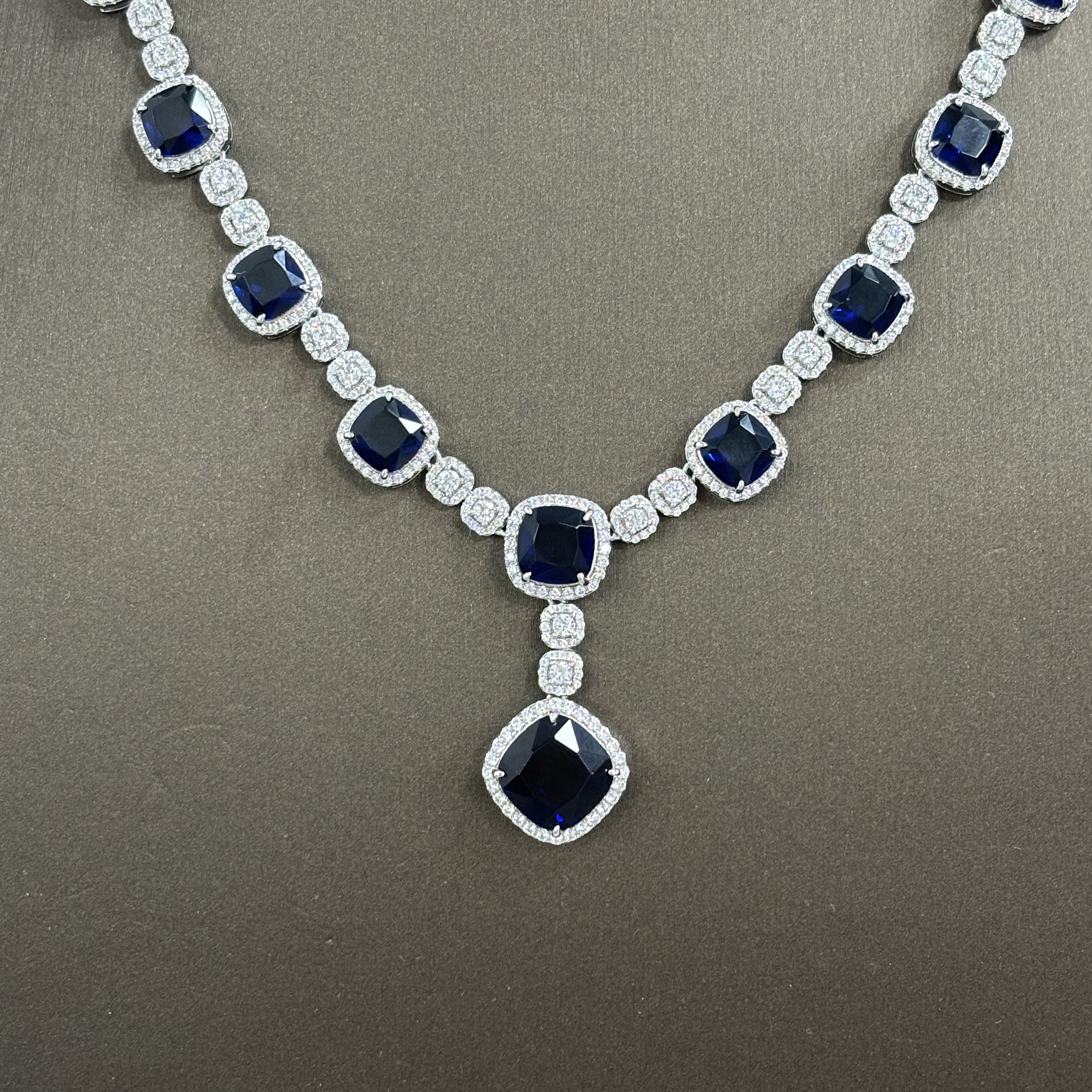Cushion Cut Blue Sapphire Necklace&Earrings Set/2pcs