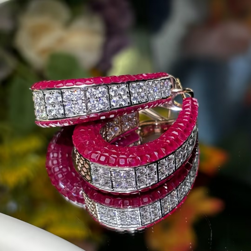 Invisible Princess Cut Ruby Sapphire Hoop Earrings