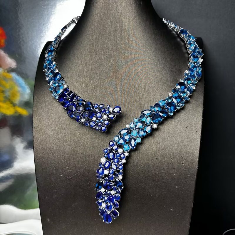 Mixed Cut Blue & White Sapphire Necklace