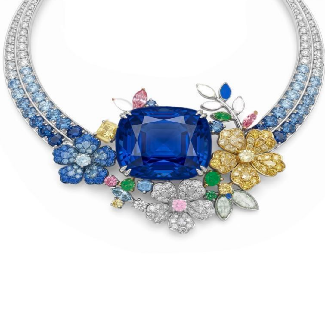Original Design - Cushion Cut Blue Sapphire Flowers Necklace