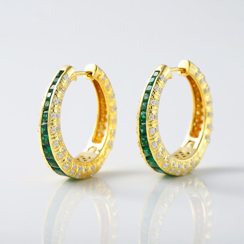 Round&Emerald Cut Emerald Sapphire Hoop Earrings