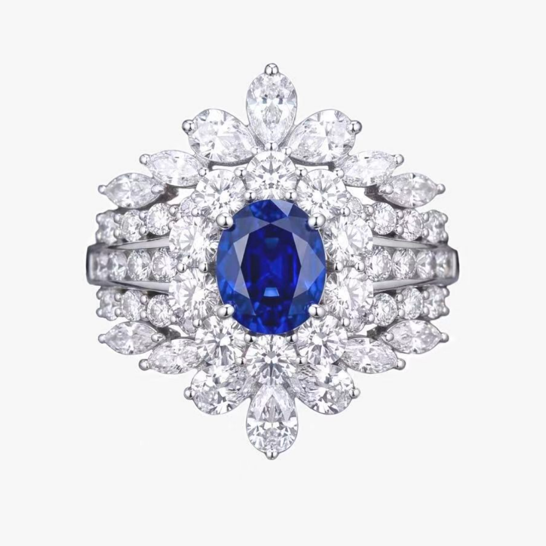 Original Design - 2ct Oval Cut Blue Sapphire & White Moissanite Wedding Set（3pcs）