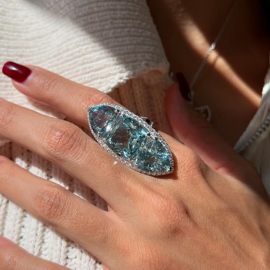 13ct Halo Cushion&Trillion Cut Aquamarine Cocktail Ring